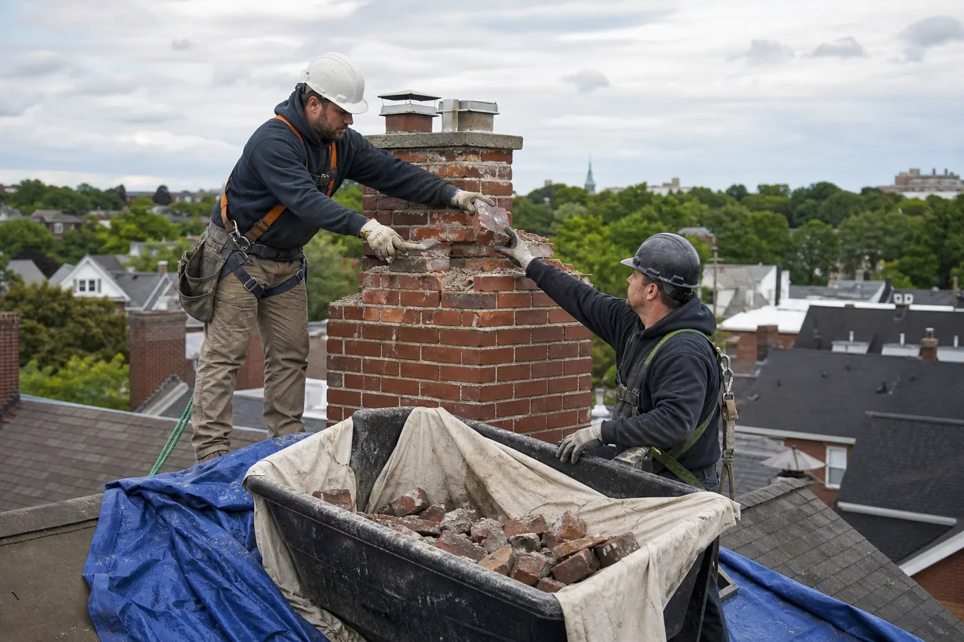 Masonry crew carefully dismantling the upper courses of a brick chimney on a Boston roof