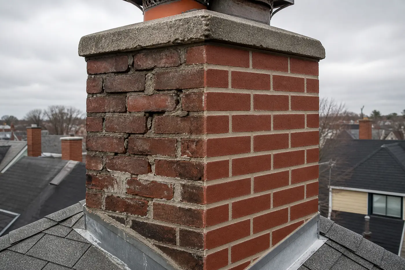 Boston brick chimney showing deteriorated mortar and spalled brick beside professionally restored masonry