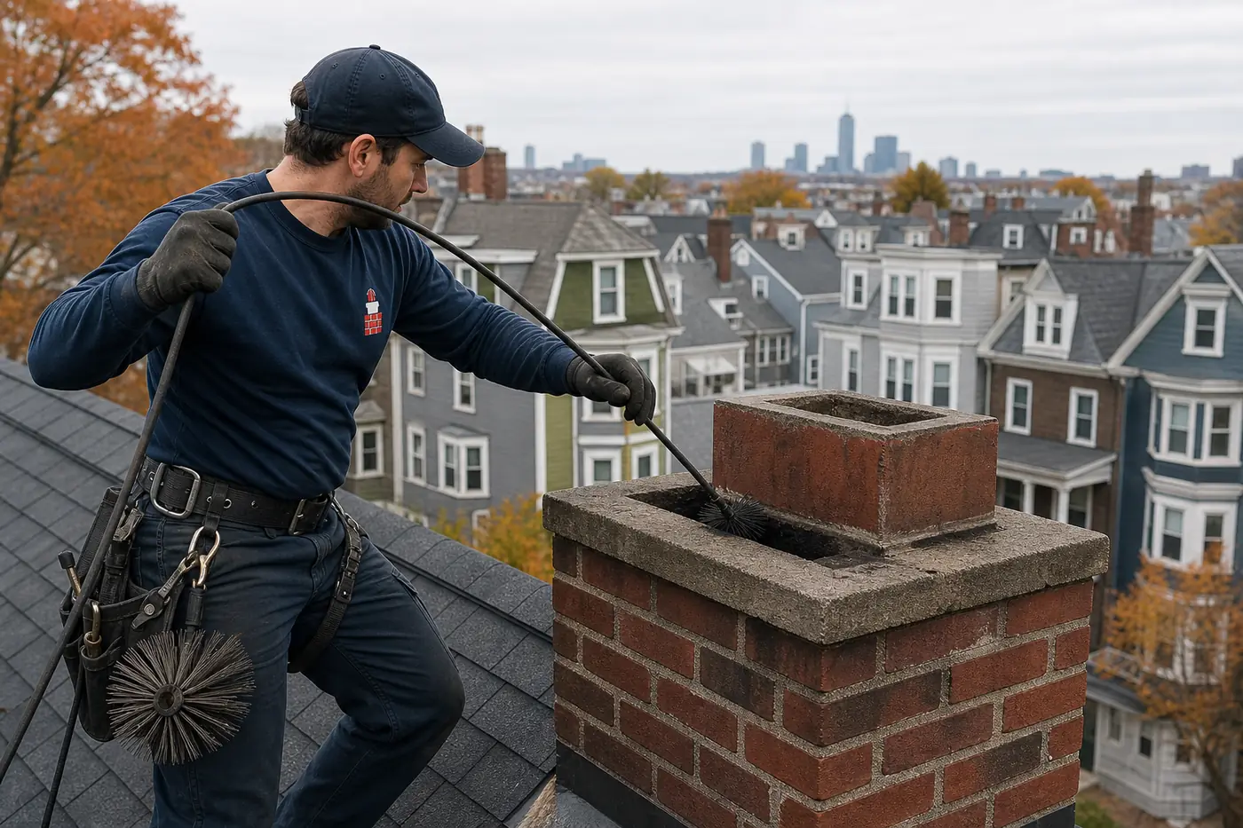 Chimney sweep using flexible cleaning rods on a brick chimney above a Boston triple-decker neighborhood