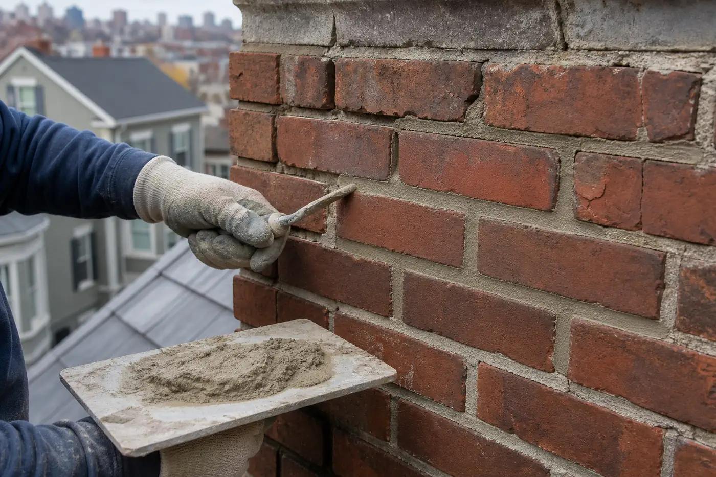 Gloved mason tooling fresh mortar into prepared joints on a weathered Boston brick chimney