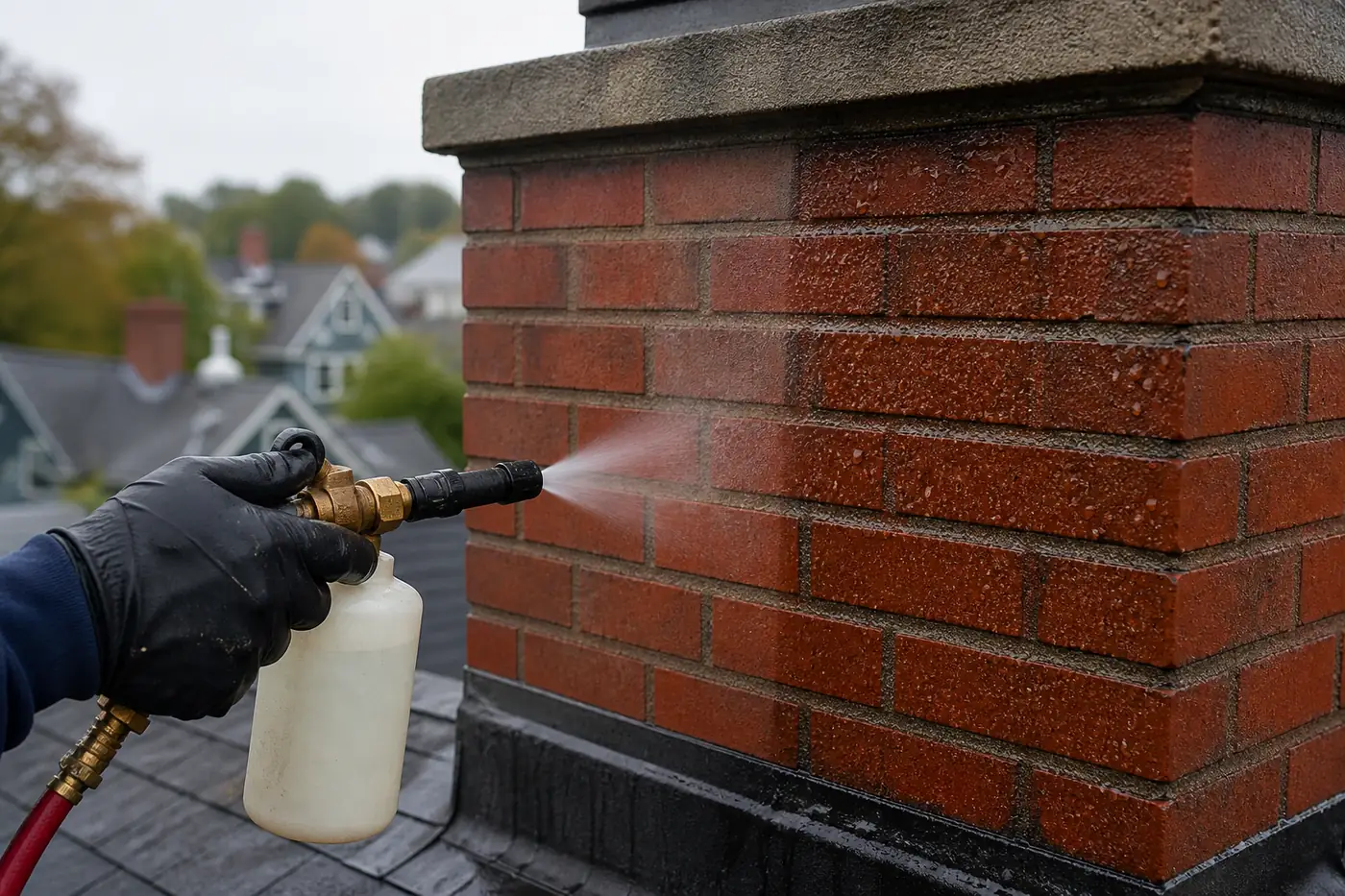 Gloved hand applying breathable masonry water repellent to a clean Boston brick chimney