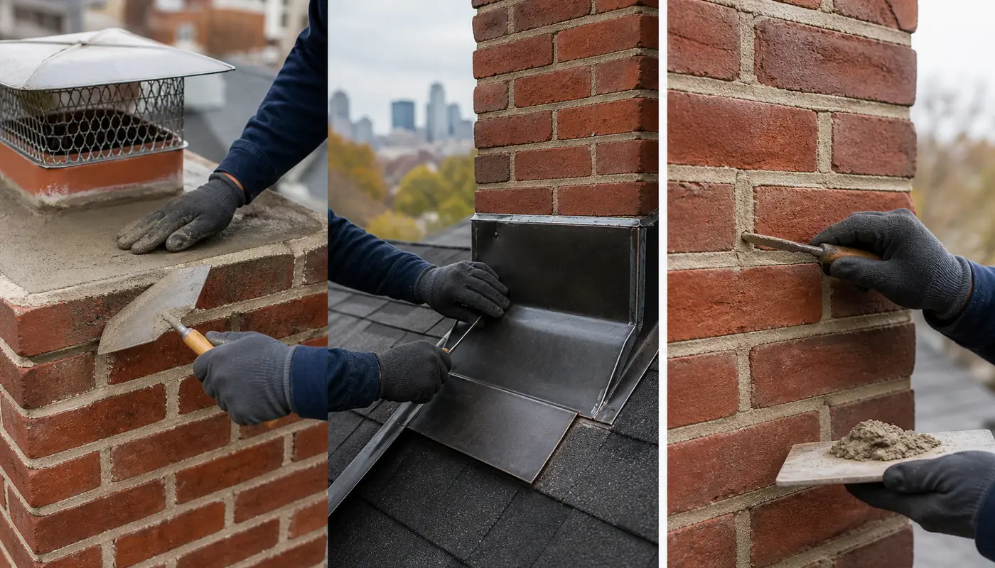 Three close views of Boston chimney crown, flashing, and mortar repair work