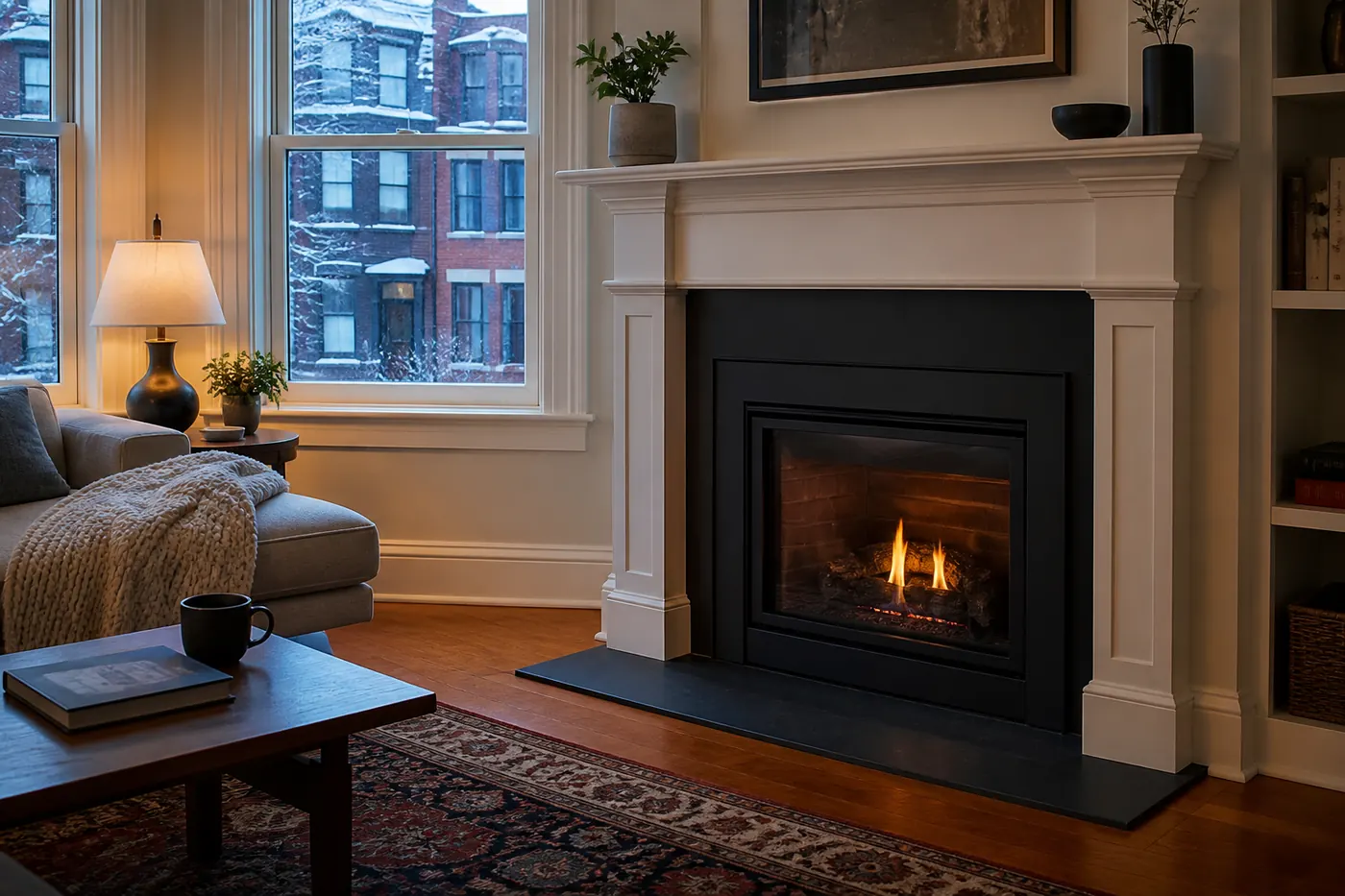 Efficient wood-burning fireplace with glass doors and organized dry firewood in a Boston living room
