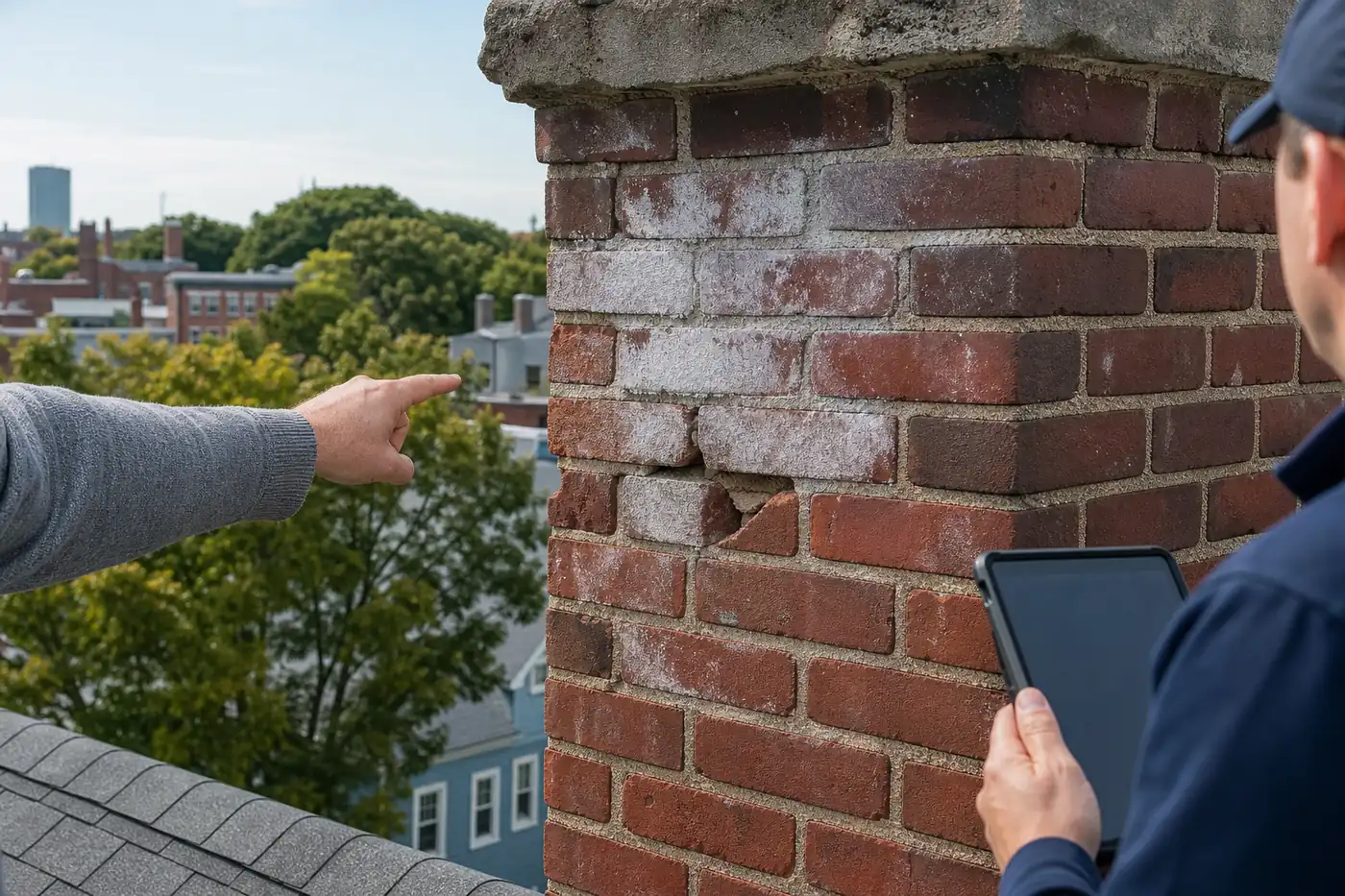 Close-up inspection of cracked mortar and spalled brick on a Boston chimney
