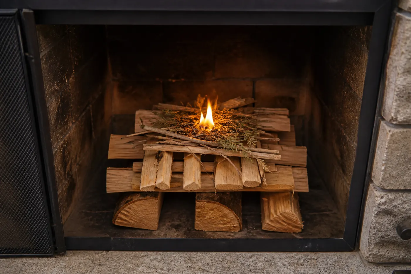 Neatly stacked split firewood arranged for a top-down fire inside a clean masonry fireplace