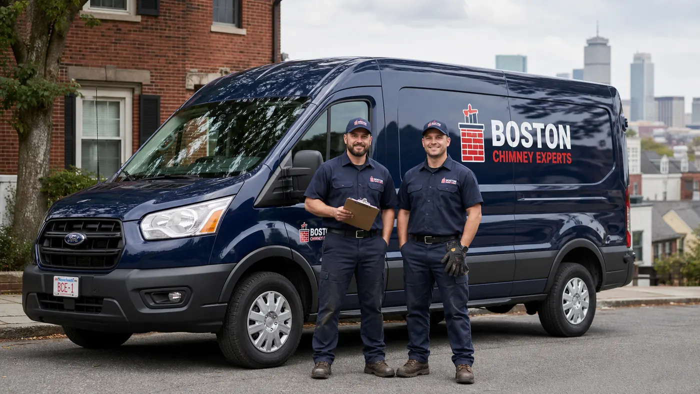 Two Chimney Experts Boston technicians beside the branded service van with the Boston skyline behind