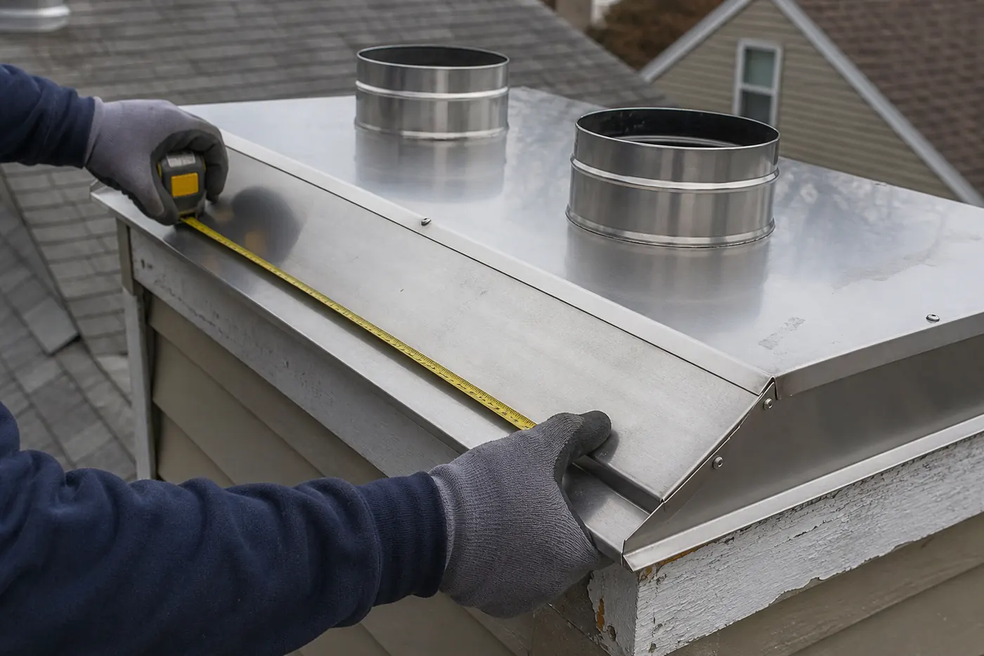 Close-up detail of a custom sheet-metal chase cover fitted around chimney pipes in Greater Boston