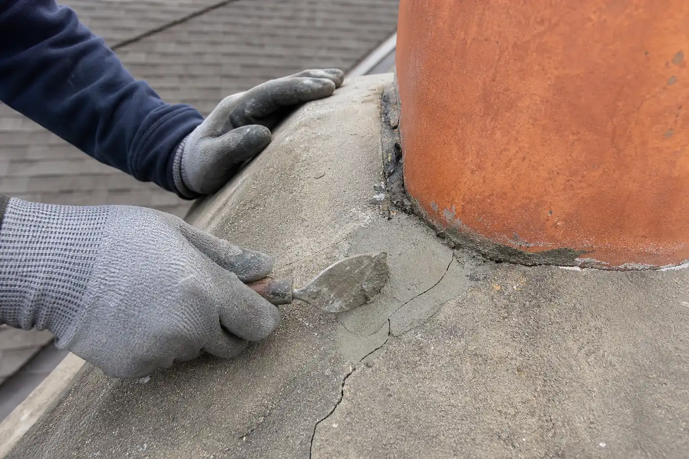 Close-up detail of repair work on the concrete crown at the top of a brick chimney in Greater Boston