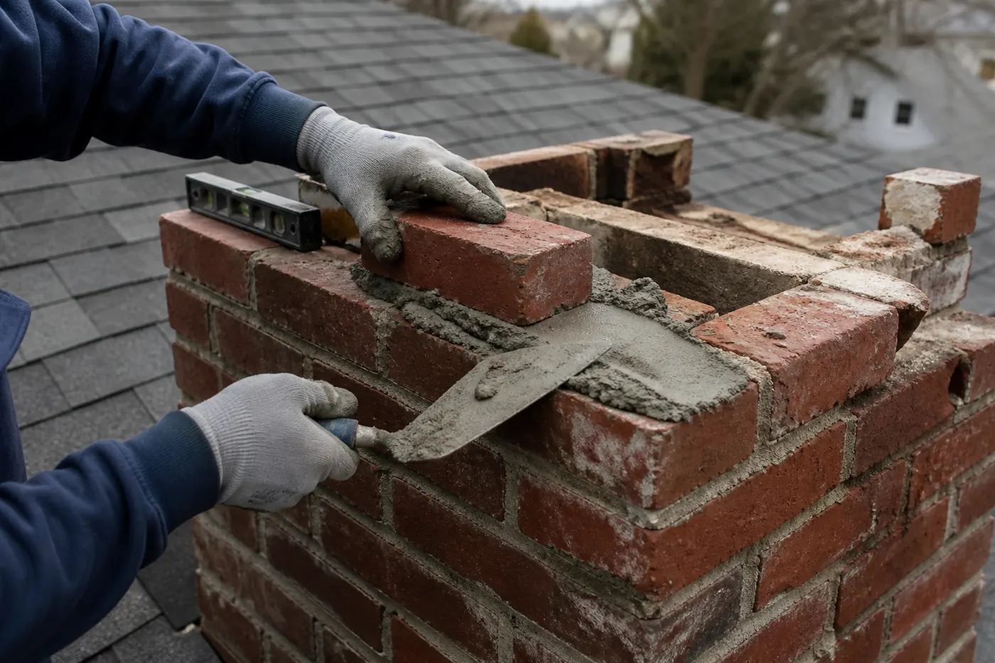 Close-up detail of brick and mortar repair on an exterior masonry chimney in Greater Boston