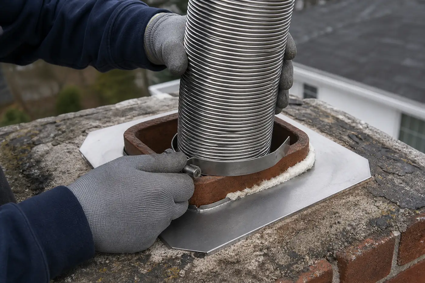 Close-up detail of a metal chimney liner being installed through a masonry flue in Greater Boston