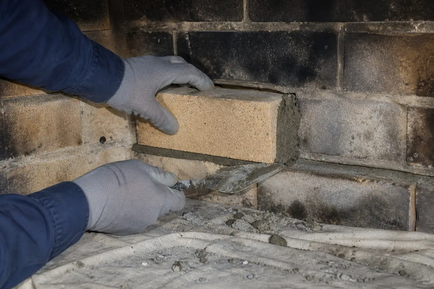 Close-up detail of damaged refractory brick and mortar being repaired inside a firebox in Greater Boston