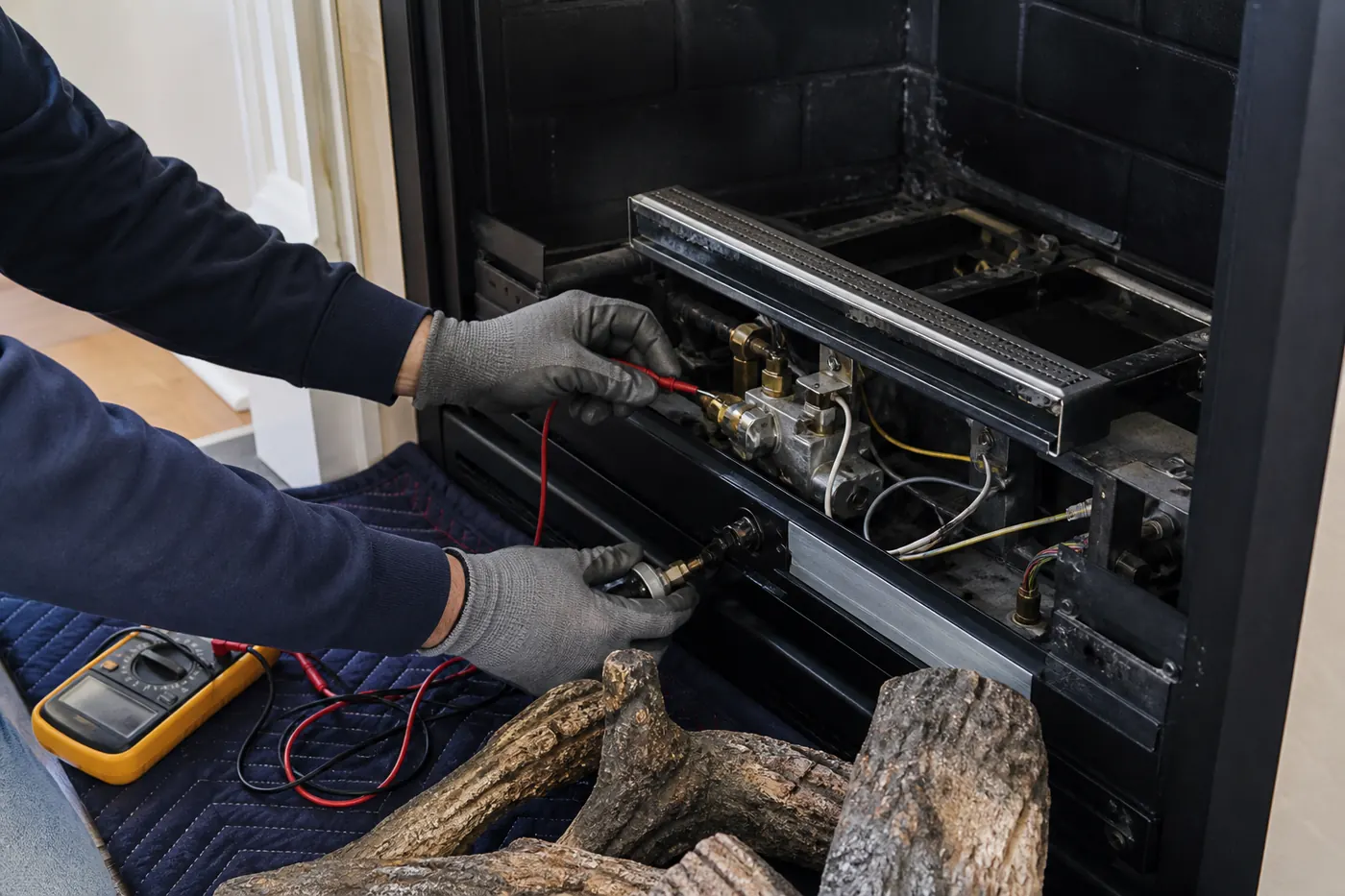Close-up detail of gas fireplace components being inspected and repaired in Greater Boston
