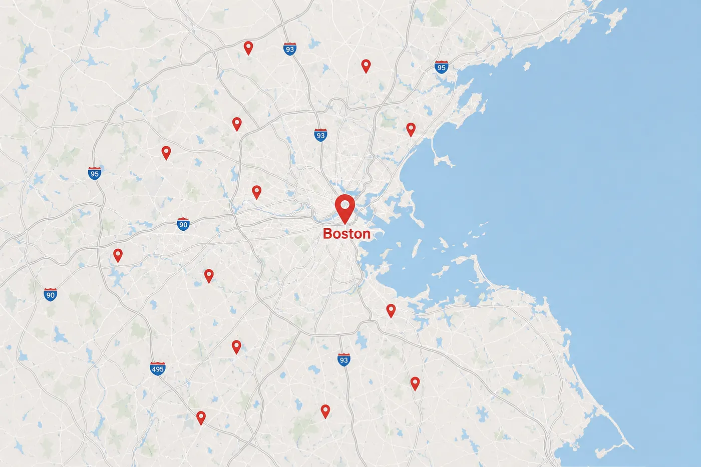 Greater Boston chimney service area map centered on Boston with pins across surrounding communities